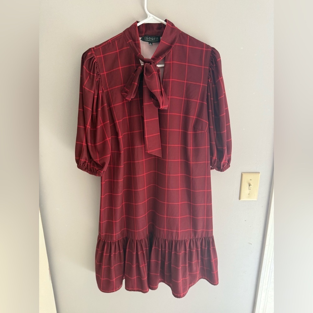 Eloquii Red Plaid Bow Neck Elastic Short Sleeve Ruffled Hem Shift Dress Womens14